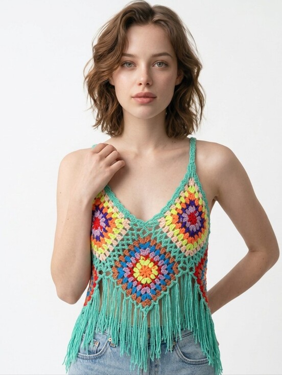 Tops - Handmade Colorful Crochet Fringe Top Babydoll Romantic Y2K Festival Fairy